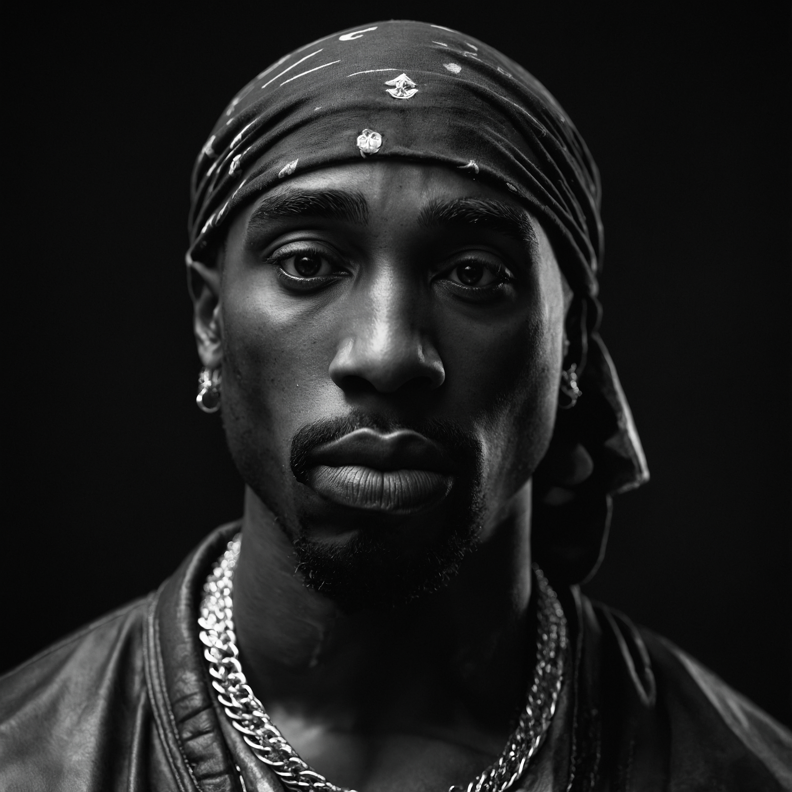 a hyperrealistic black-and-white portrait of Tupac Shakur in the iconic Studio Harcourt style.