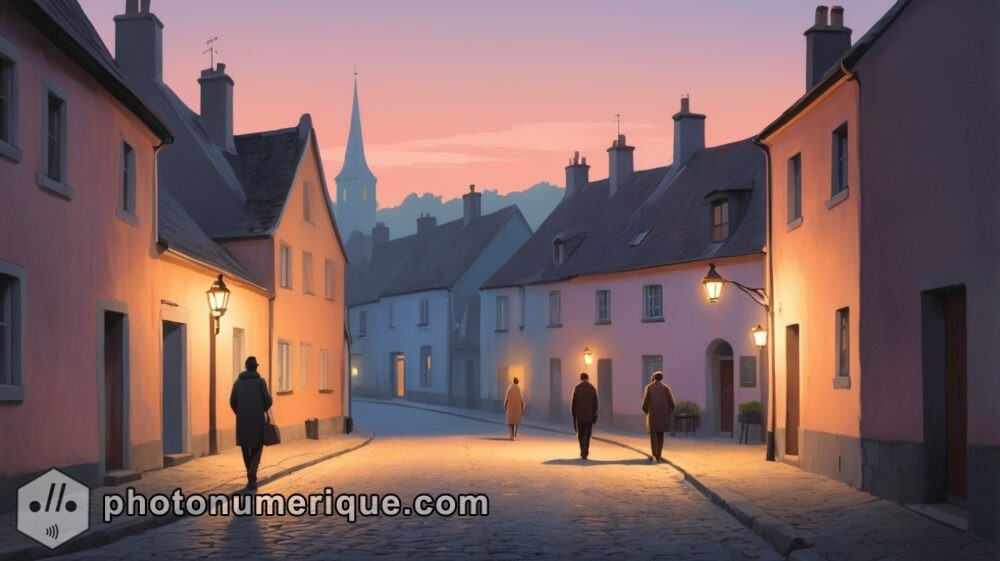 A quiet evening scene in a small village, where a few figures take a leisurely stroll down a cobblestone street.