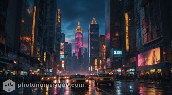 A hyperrealistic cityscape at dusk, capturing the hustle and bustle of a vibrant metropolitan area.