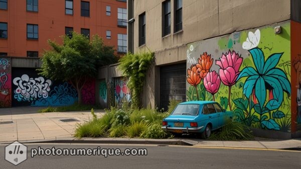 A fusion of nature and city life, with plants overtaking a concrete jungle.