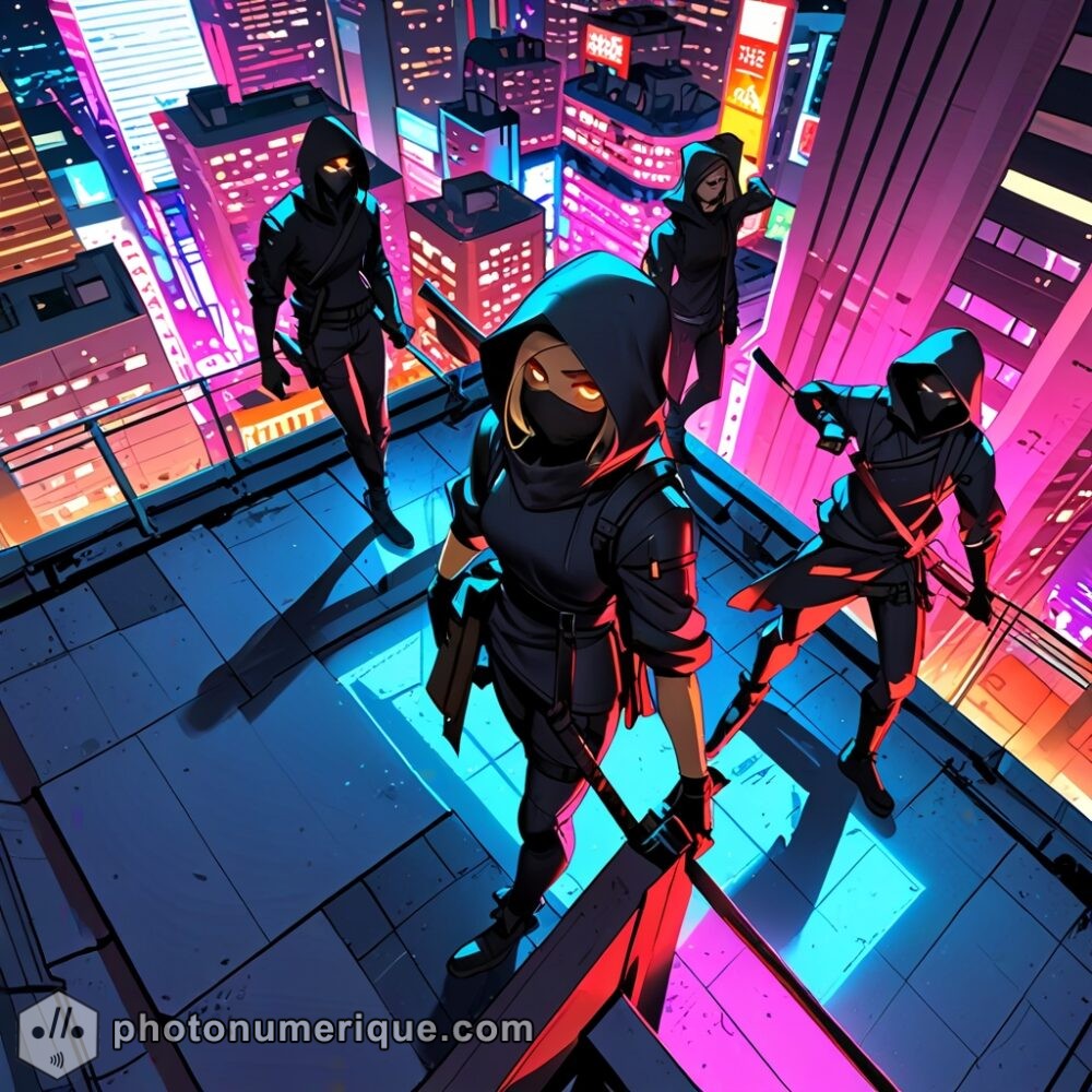 A group of modern-day ninjas stealthily navigating the rooftops of a neon-lit city.