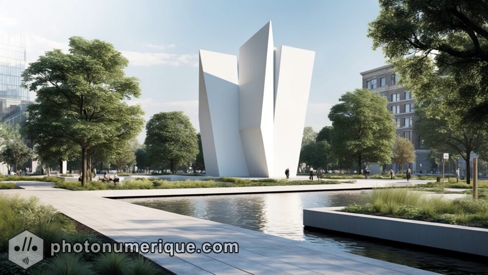 A contemporary urban park featuring a large, abstract sculpture that serves as the focal point.