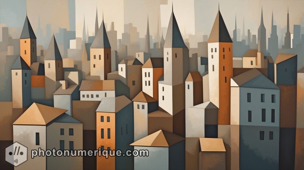 A cubist interpretation of a European cityscape, blending geometric forms with urban chaos.