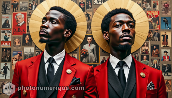 twin figures dressed in striking red suits, symbolizing duality and connection, set against a backdrop of eclectic posters that blend historical and contemporary influences