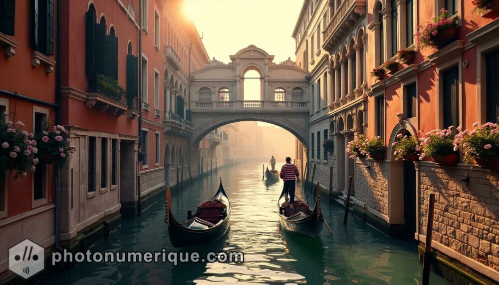 a dreamy hyperrealistic image of Venice at dawn, with gondolas gently floating along the Grand Canal.