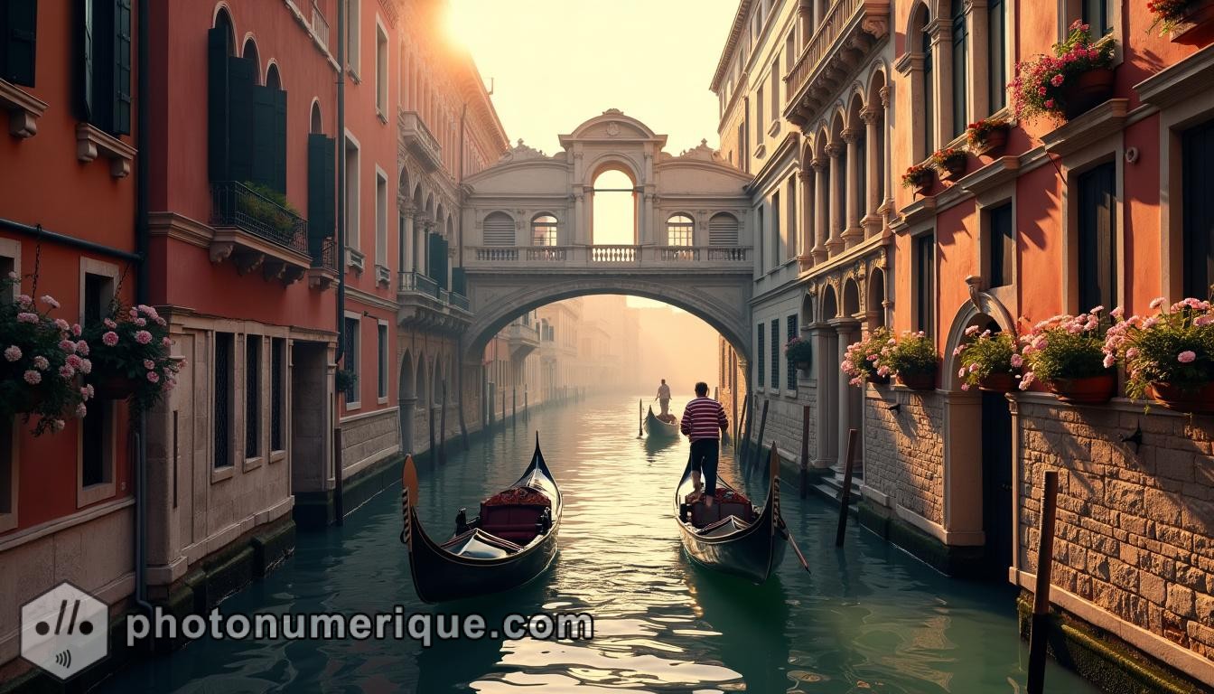 a dreamy hyperrealistic image of Venice at dawn, with gondolas gently floating along the Grand Canal.