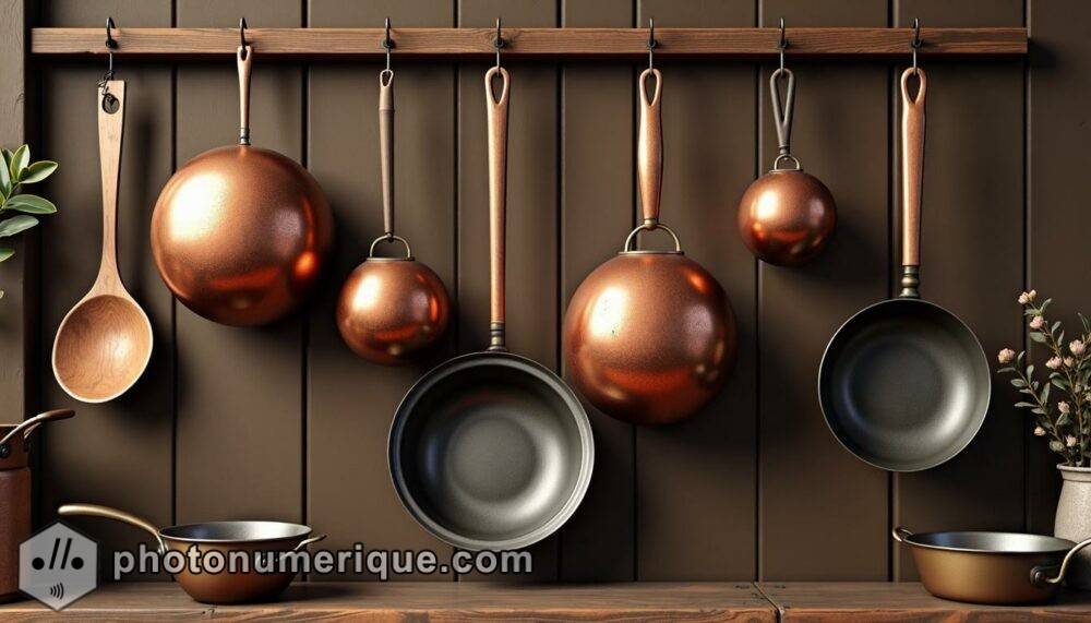 a charming, nostalgic image of vintage kitchen utensils hanging neatly on a wooden wall.