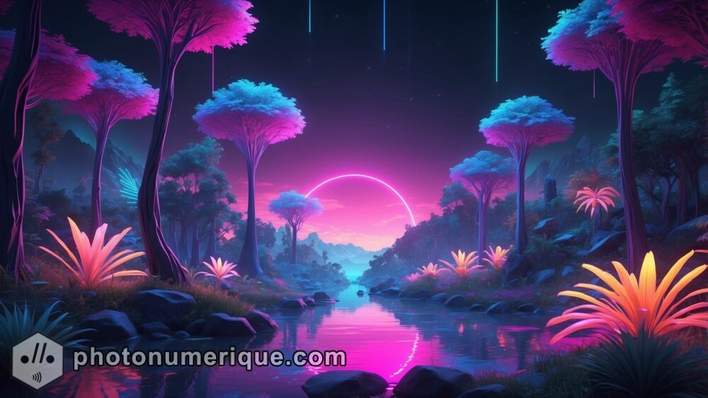 a utopian landscape where lush nature intertwines with advanced technology, creating a serene digital paradise with vibrant colors and intricate details