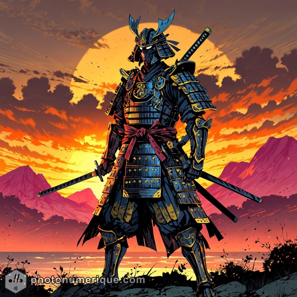 A fierce samurai warrior standing at the break of dawn, ready to face the challenges of a new day.