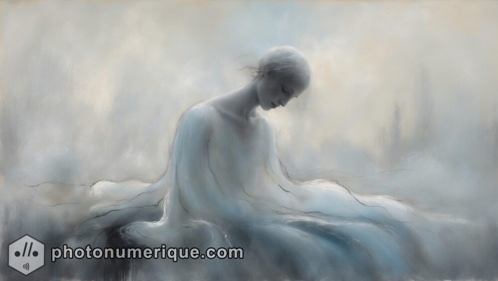 a ghostly figure dissolving into a misty background, with gentle, flowing brushstrokes and a muted color palette of pale blues, grays, and whites.