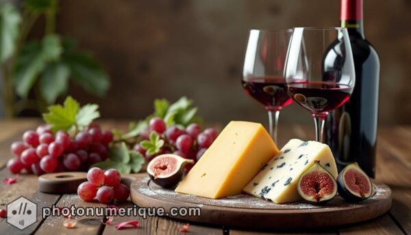 an elegant, sophisticated image of a wine and cheese pairing set on a rustic wooden board