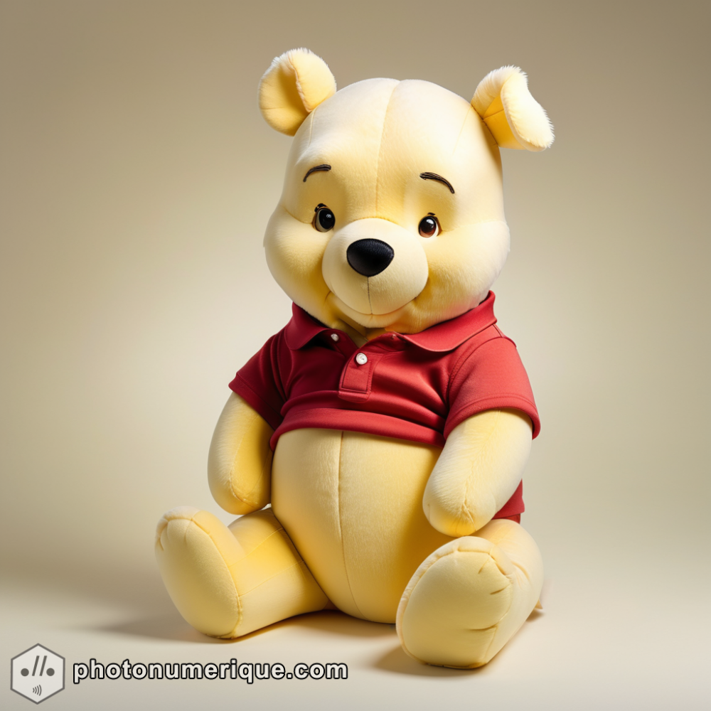 A hyperrealistic portrait of a plush Winnie the Pooh in a soft, pastel yellow monochromatic color scheme.