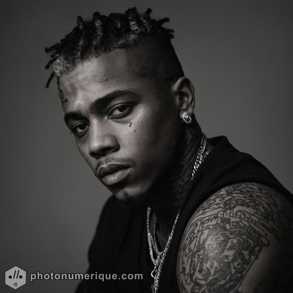 a hyperrealistic black-and-white portrait of XXXtentacion in the dramatic Studio Harcourt style.