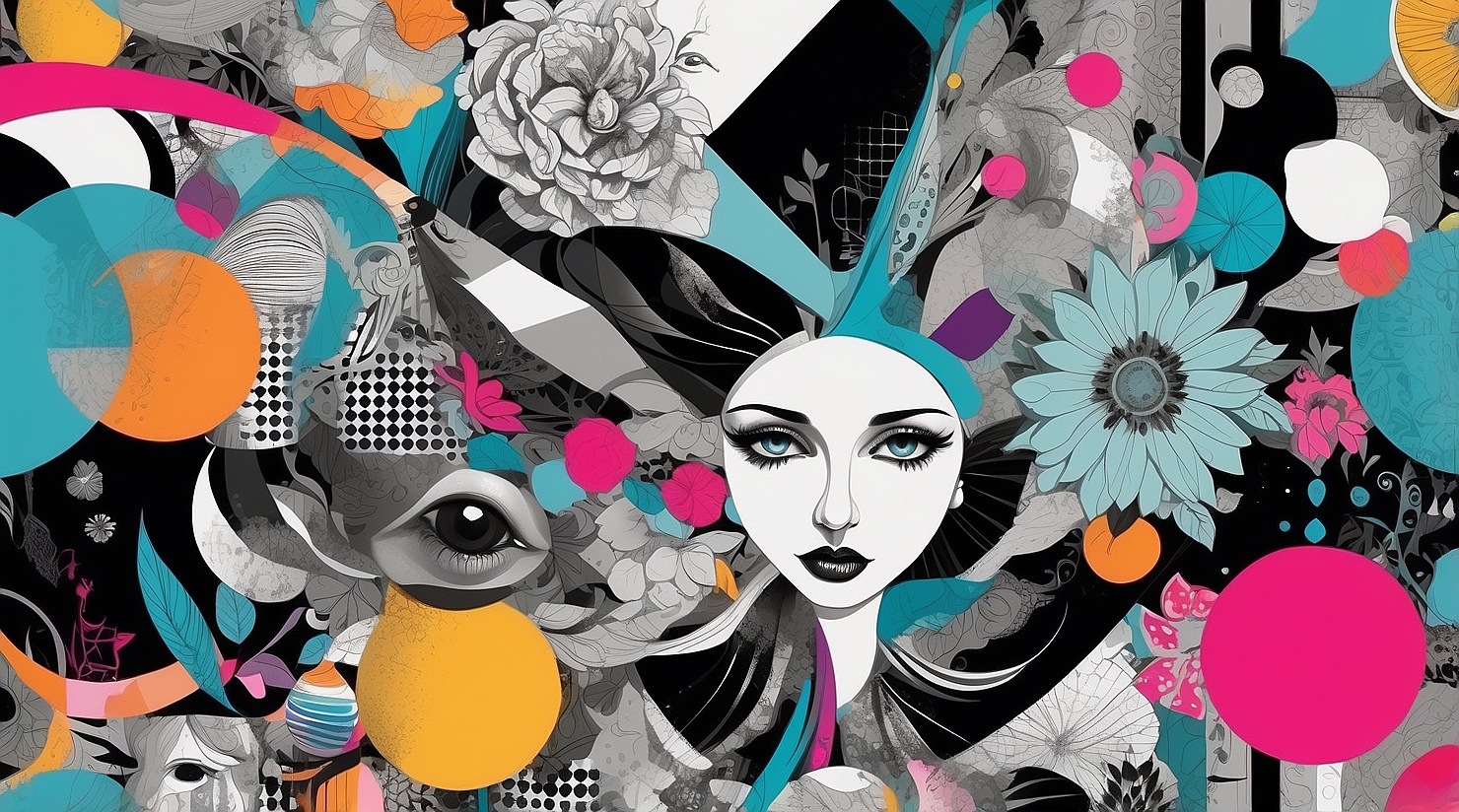 a visually striking banner showcasing a collage of various artistic styles—Pop Art, Realism, Digital Art, Surrealism