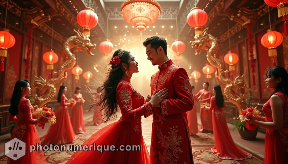 a hyperrealistic, vibrant Chinese wedding scene in a luxurious banquet hall.