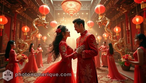 a hyperrealistic, vibrant Chinese wedding scene in a luxurious banquet hall.