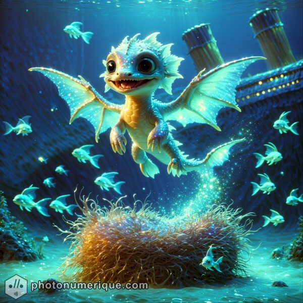 A mix of a baby dragon and a baby fish, leaping out of its nest underwater next to the wreckage of the Titanic