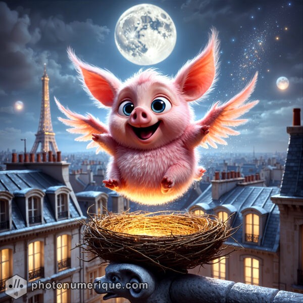 A baby creature that is a mix of a pig and an owl in a nest on the roofs of Paris.