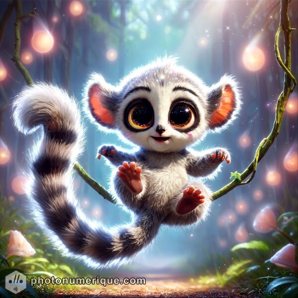 A baby lemur-bear creature, energetically swinging from a vine with a playful expression.