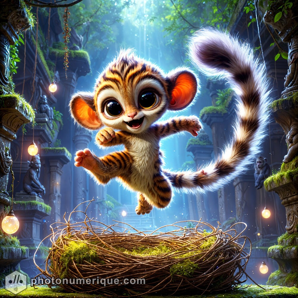 A baby creature combining the features of a baby monkey and a baby tiger.