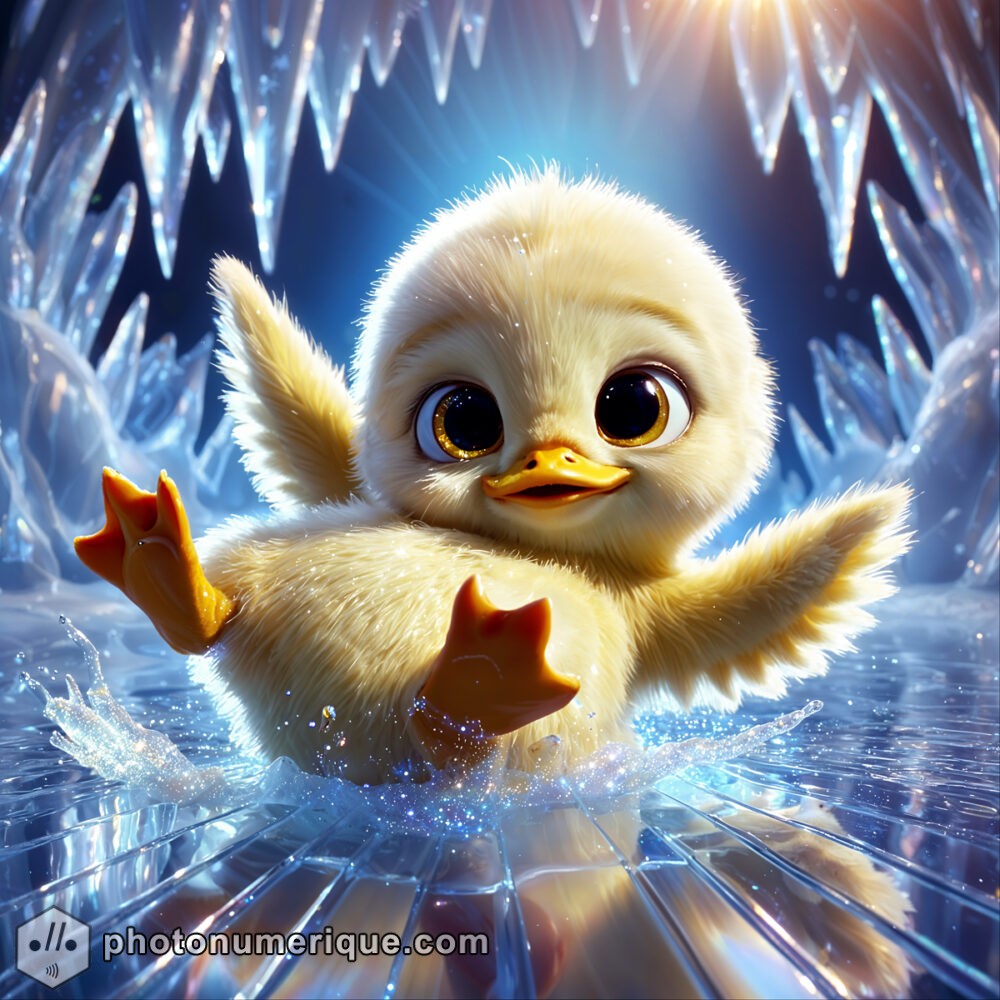 a baby creature that blends a duckling and a seal pup, playfully sliding across a translucent ice surface in a magical, icy environment.