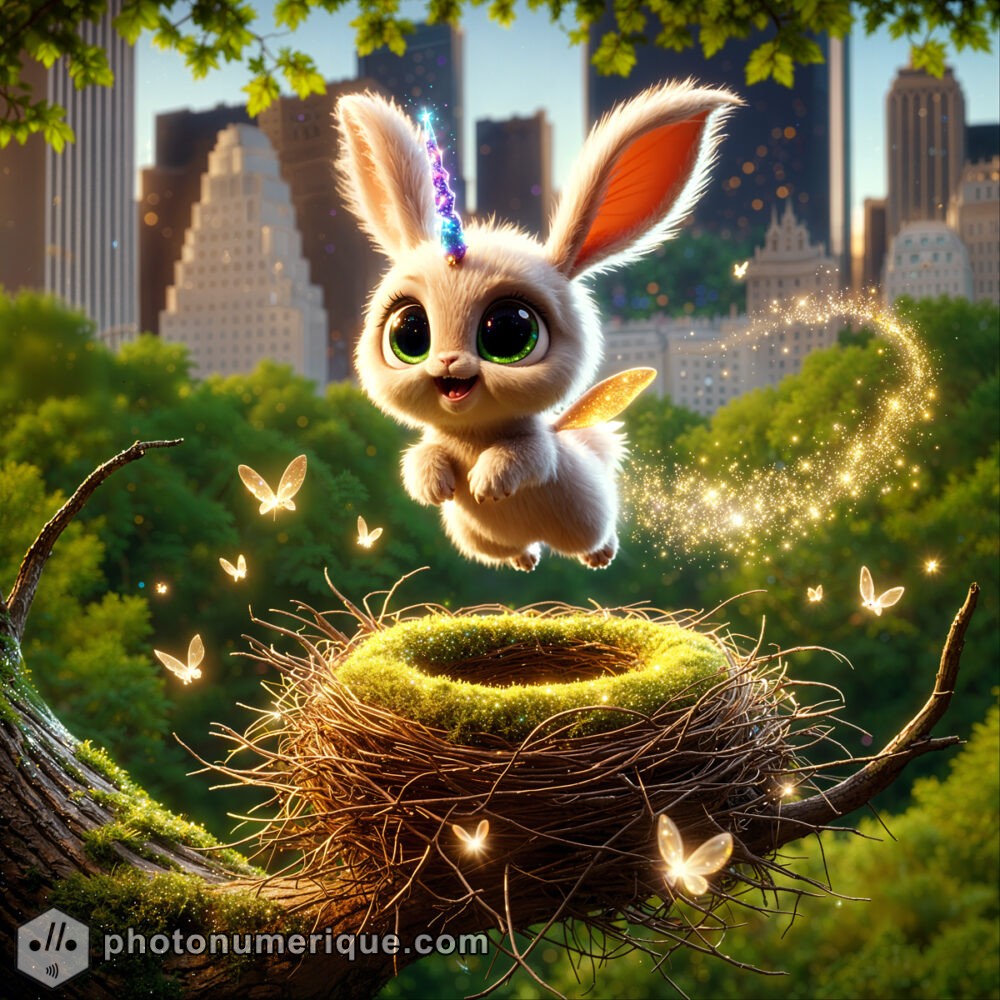 the baby creature, a mix of a rabbit and a unicorn, leaping out of its nest at the top of a tree in Central Park, with the New York City skyline in the background.