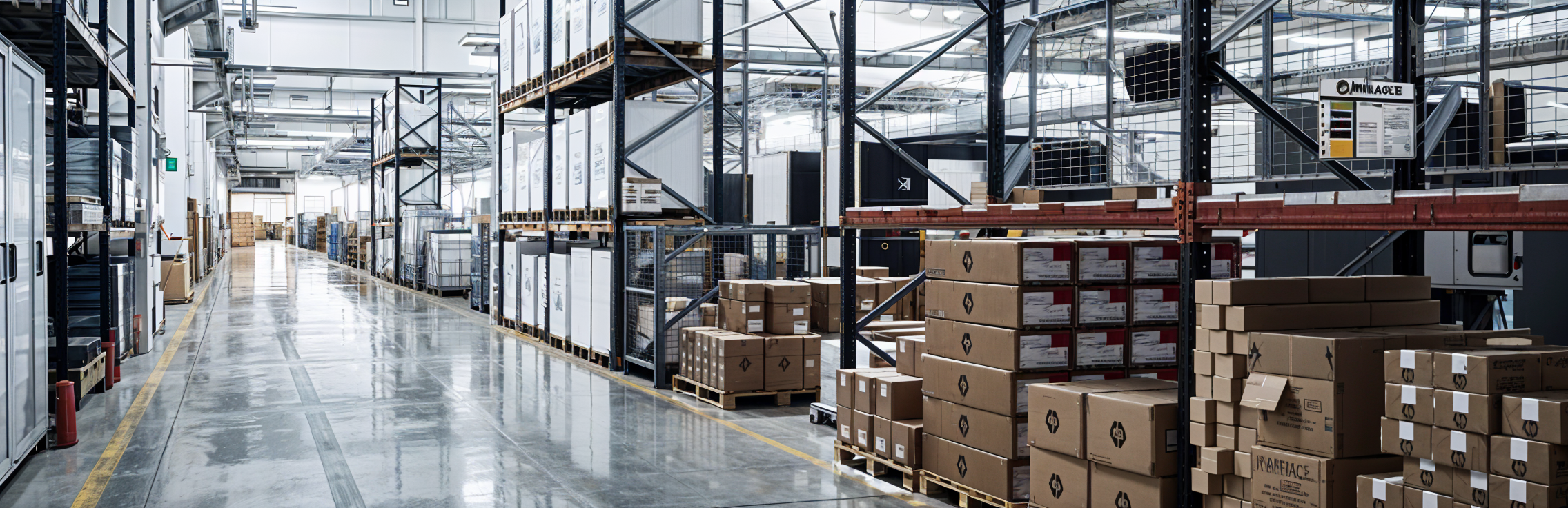 un hangar de stockage avec des empilements de carton et des étagère en metal noire