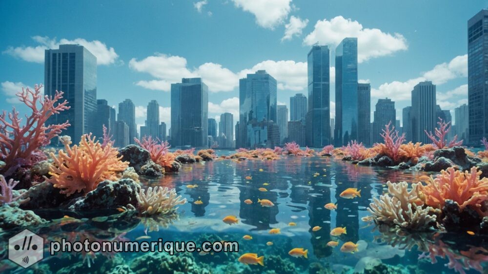 A surreal underwater city, where the remnants of a once-thriving metropolis are now overgrown with coral reefs and marine life.