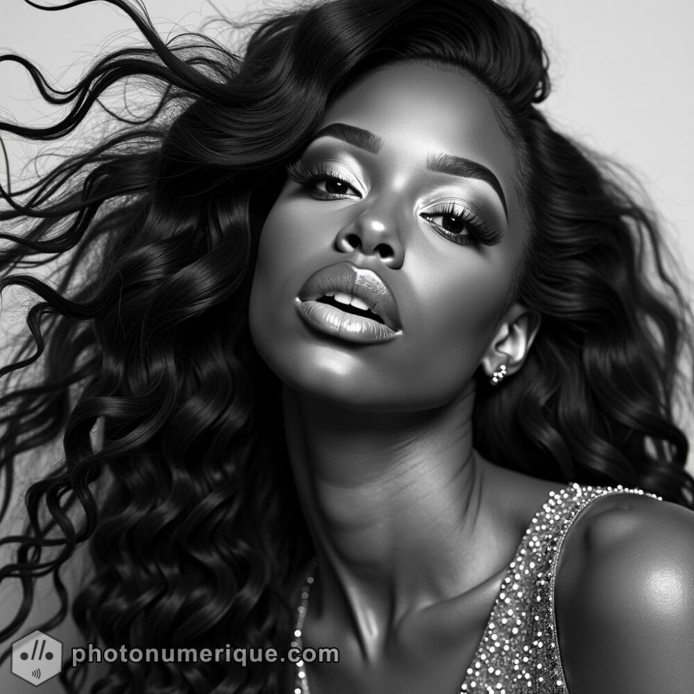 a hyperrealistic black-and-white portrait of SZA, blending Studio Harcourt elegance with subtle caricature.