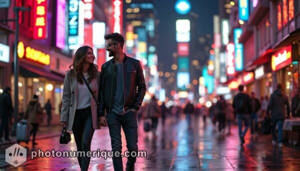 A hyperrealistic image of a man and woman walking through a bustling city street at night, dressed in modern, stylish clothing.