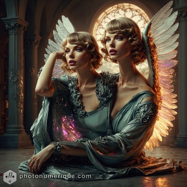 A  hyper-realistic portrait of conjoined twins Taylor Swift, combining classical and digital motifs with a focus on light and shadow interplay.