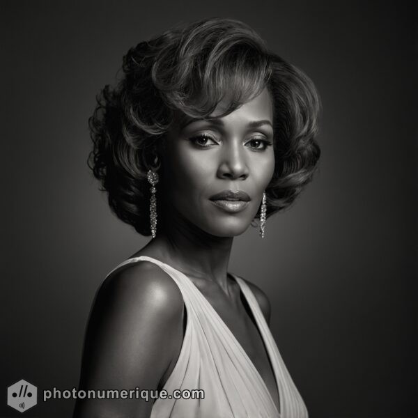 a hyperrealistic black-and-white portrait of Whitney Houston in the iconic Studio Harcourt style.