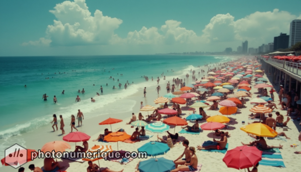 A playful photograph of a crowded beach scene during peak summer. The image uses a telephoto lens to compress the scene, making the beach appear densely packed with colorful umbrellas, towels, and sunbathers.