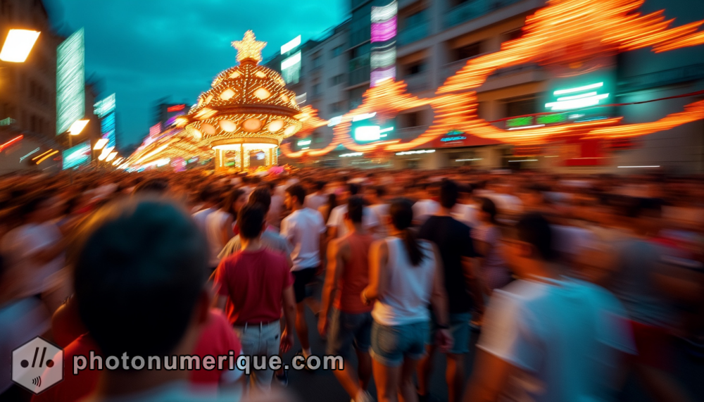 A vibrant photograph of a crowded carnival parade at dusk.