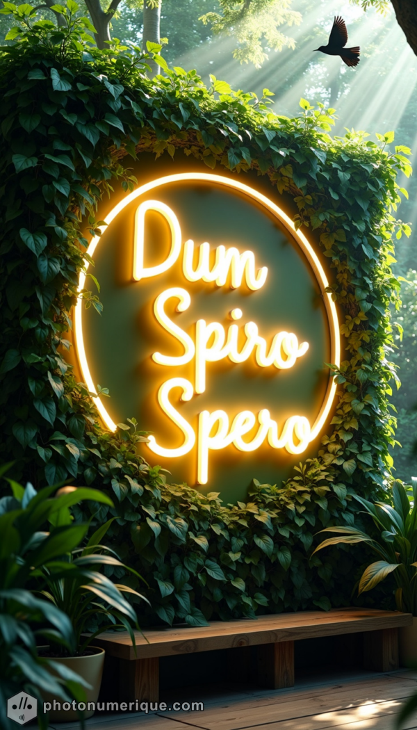 A soft white neon sign surrounded by a rising sun, glowing in a green, lush environment.