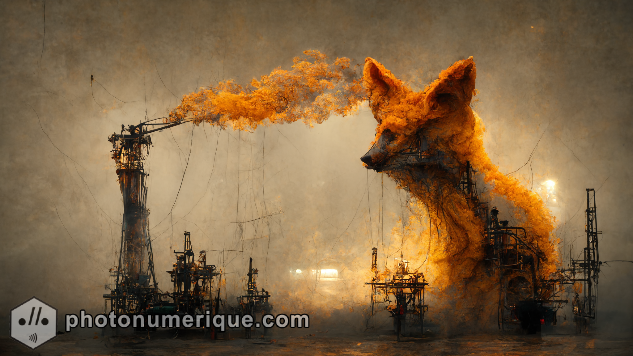 A sickly fox, composed of industrial smoke, struggles to exist in the shadow of a towering oil rig.