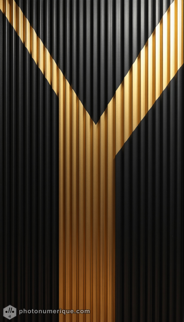 Sharp geometric shapes arranged in a sleek, ascending vertical pattern.