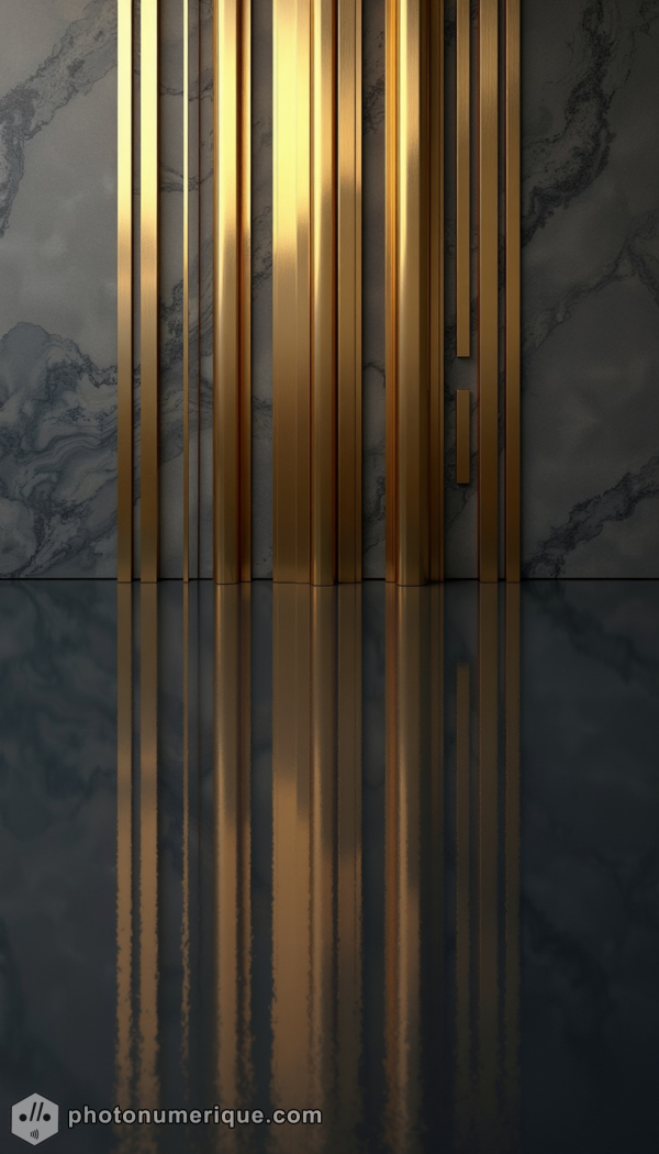 Vertical gold streaks reflecting off a dark surface, creating a sense of luxury and depth.