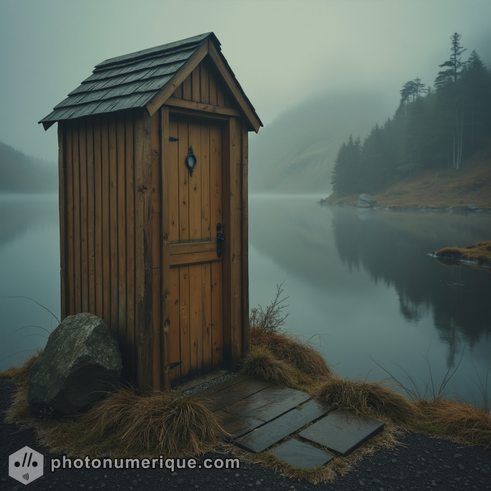 A rustic wooden toilet overlooking a serene Scottish loch.