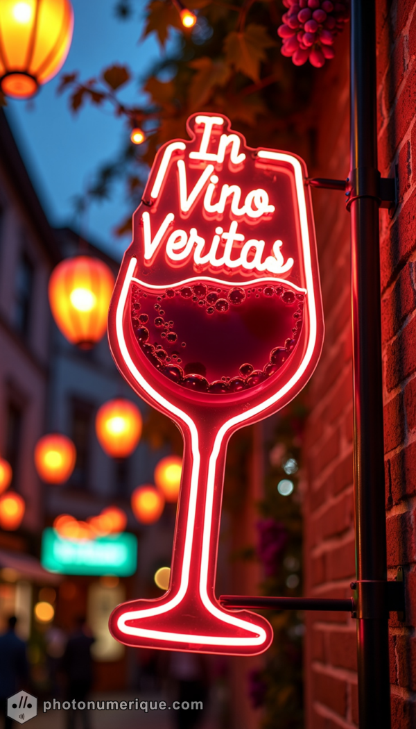 A playful neon sign shaped like an inclined wine glass, filled with glowing red wine, with the phrase "In Vino Veritas" above.