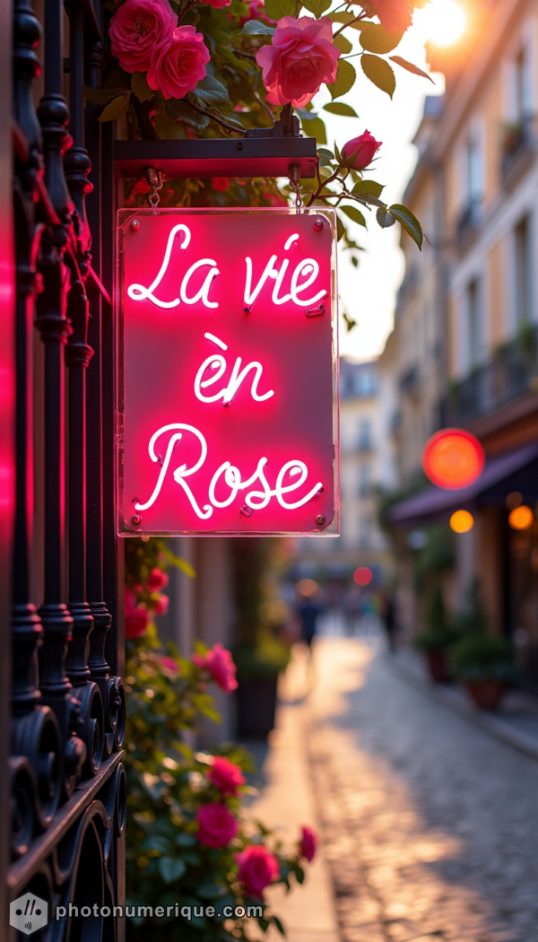 A neon rose with the phrase "La Vie en Rose," set in a joyful Parisian street.