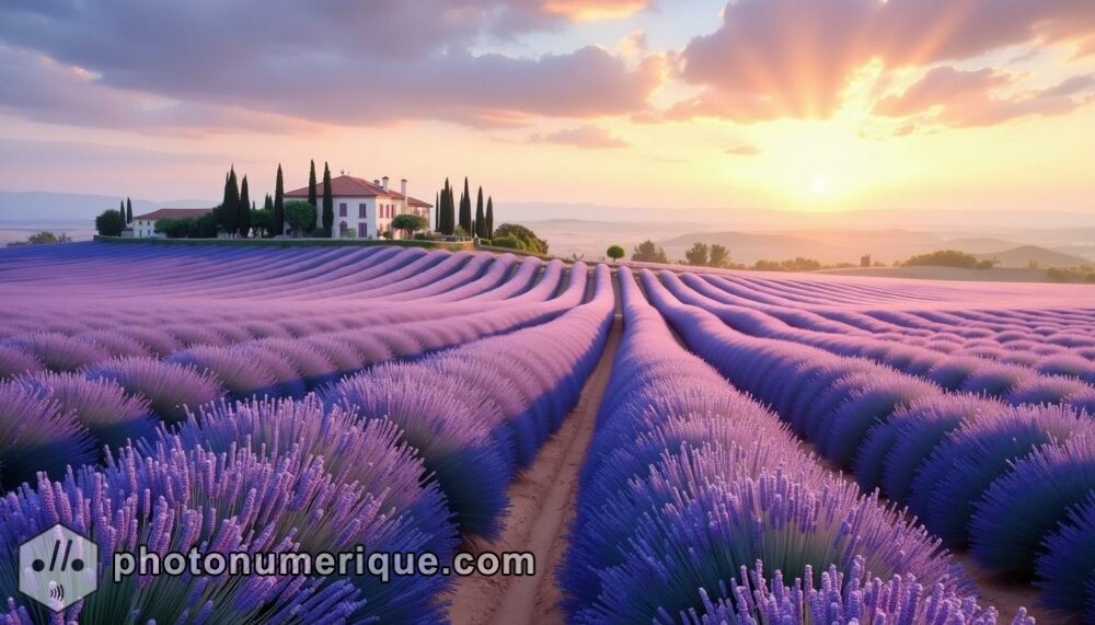 A peaceful sunrise over blooming lavender fields, evoking the calming essence of Provence.