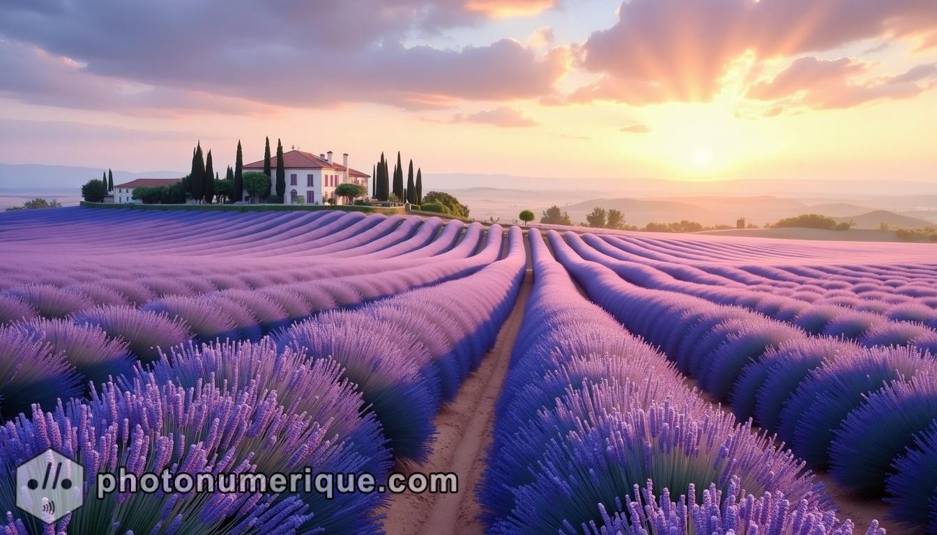 A peaceful sunrise over blooming lavender fields, evoking the calming essence of Provence.