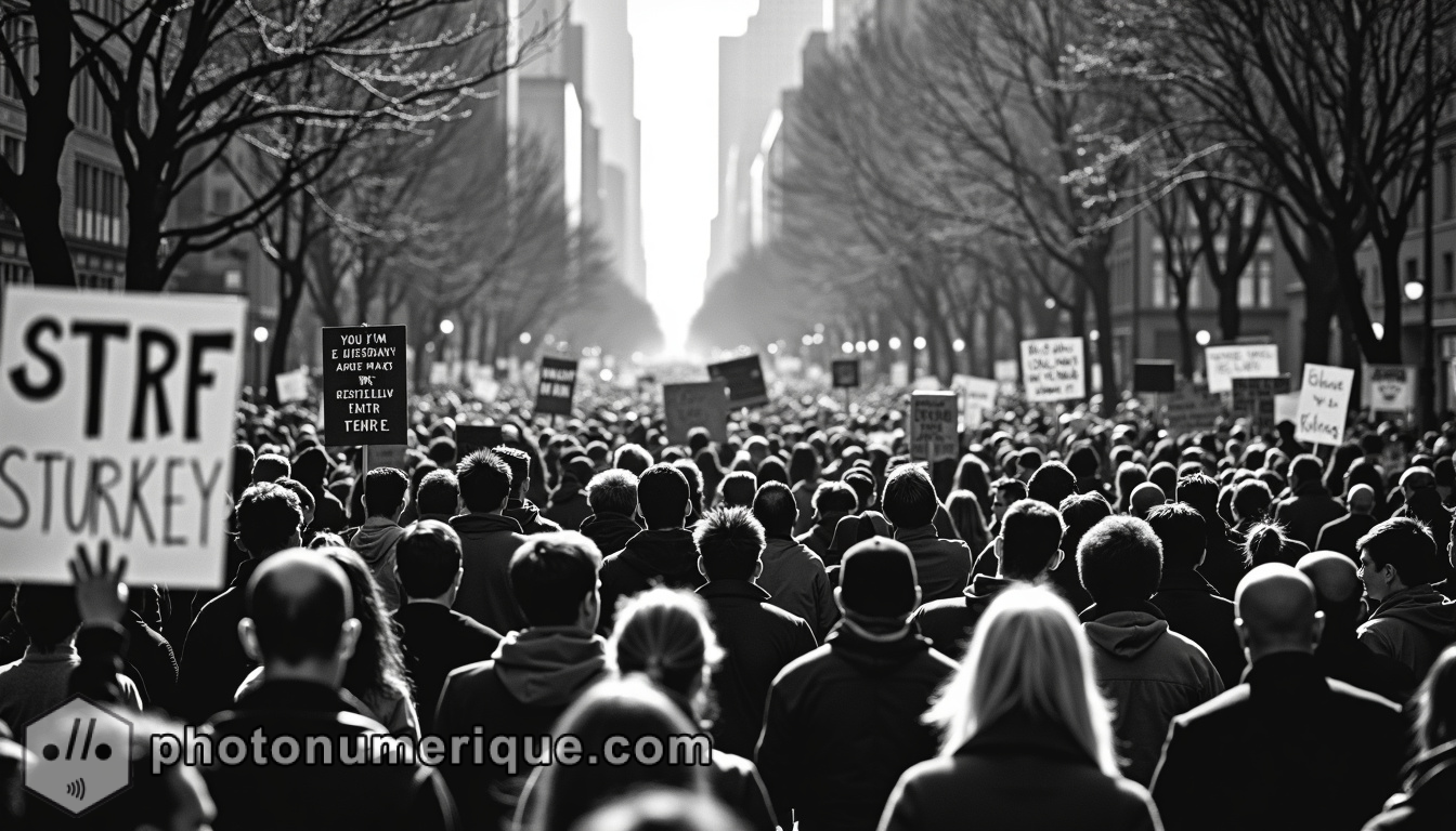 A powerful black-and-white photograph depicting a large crowd in a protest march.