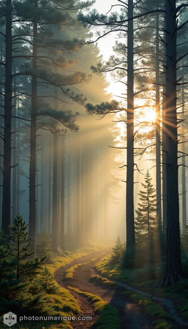 Slender trees with soft sunlight, creating a calming nature scene.