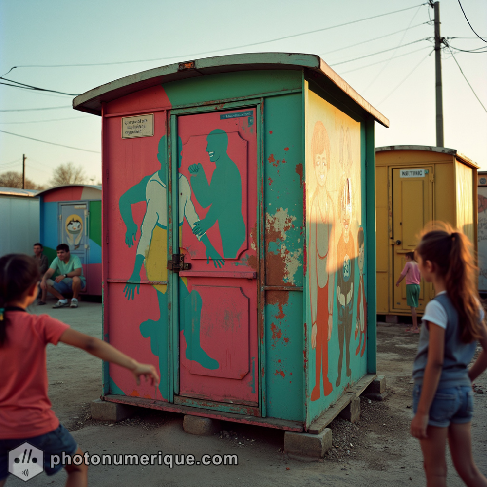 A portable toilet in a vibrant Romani camp.