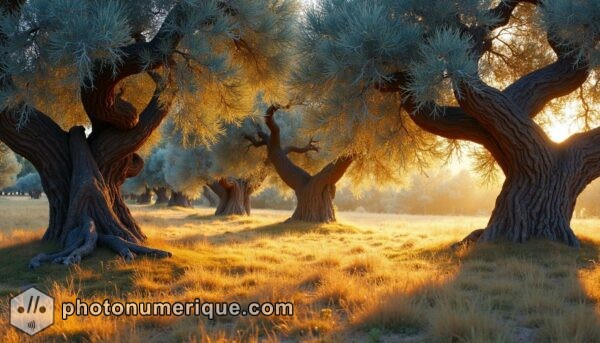 A tranquil scene of olive groves glowing in the evening light, capturing the essence of Provence’s natural beauty.