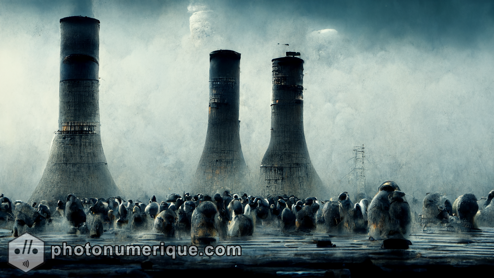 Thousands of penguins gather around an abandoned nuclear reactor, trapped in a polluted, dystopian landscape.