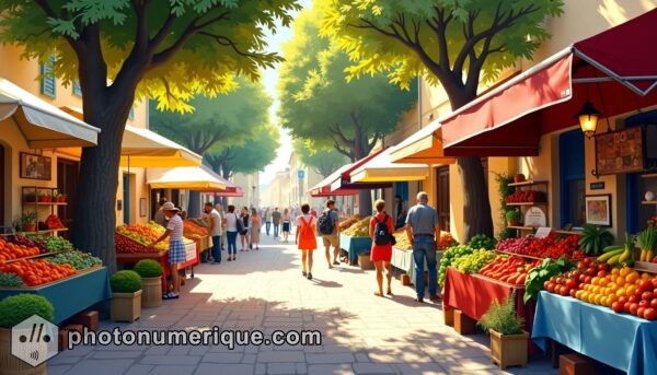 A bustling market scene, capturing the lively essence of Provençal life with a calming atmosphere.