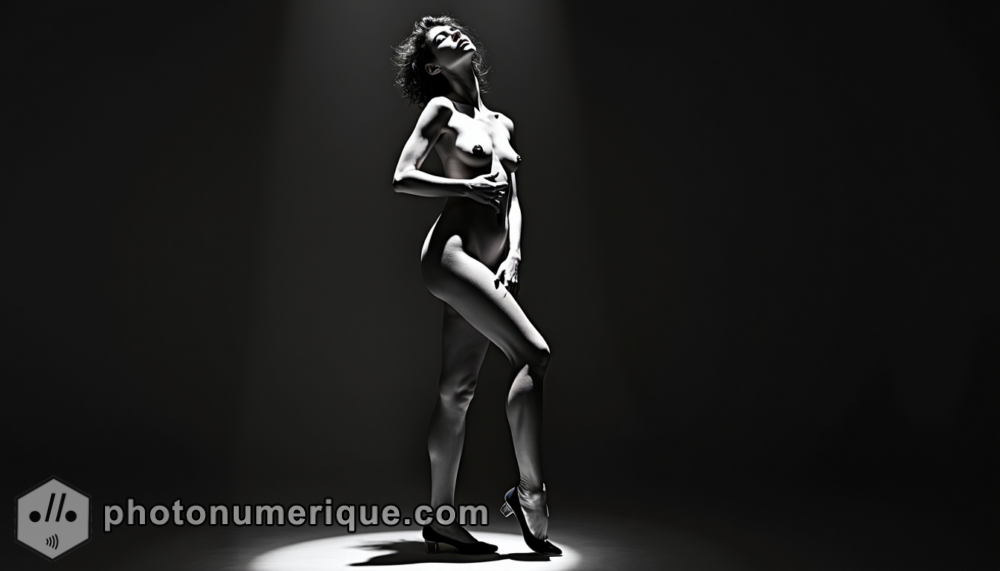 a minimalist black-and-white artistic nude, inspired by Helmut Newton